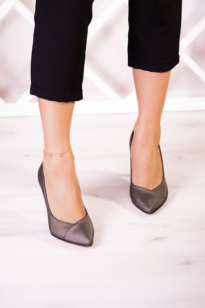 Erkan Saçmacı Victoria Anthracite Satin Pointed Toe Thin Heeled Evening Dress Shoes
