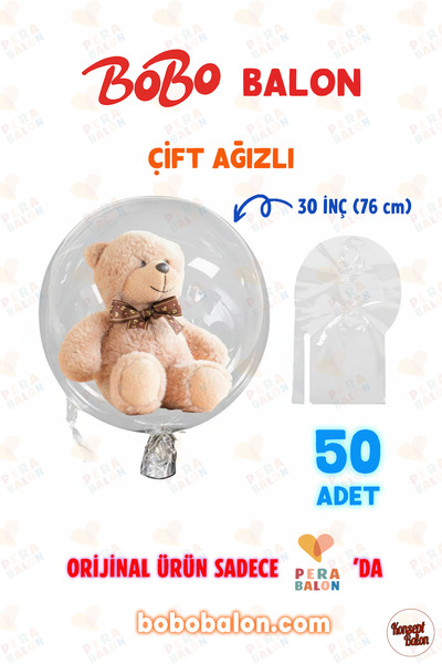 Blur BOBO Balon Çift Ağızlı 30 İnç (76 cm) Dev Şeffaf Esnek (50'li Paket) - P...