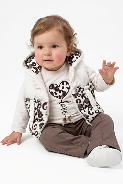 bebegen Baby Girl Ecru Brown Leopard Printed Piece Bow Set Puffer Vest Set 3-...