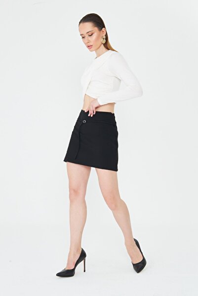 LA PANTE Shorts Skirt Women's Skirt with Shorts Mini Metal Buckle Belted Belted Side Zipper Black Fabric
