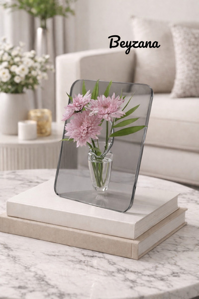 BEYZANA Gri Şeffaf Mika Çerçeveli Dekoratif Çiçek Vazosu Modern Masa ve Ev De...