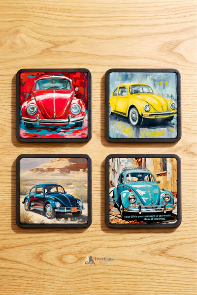 Dekoratif VosVos Arabalar Ahşap Bardak Altlığı 4'lü Takım - (9x9cm)