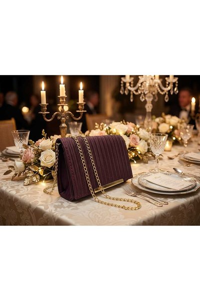 Elentra Plum Evening Bag, Satin Look Gold Clip Clutch Bag, Chain Strap Women's Evening Bag
