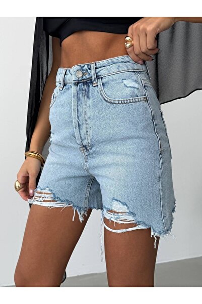HerTon Γυναικείο ψηλόμεσο σκισμένο τζιν σορτς βερμούδα με λεπτομέρειες