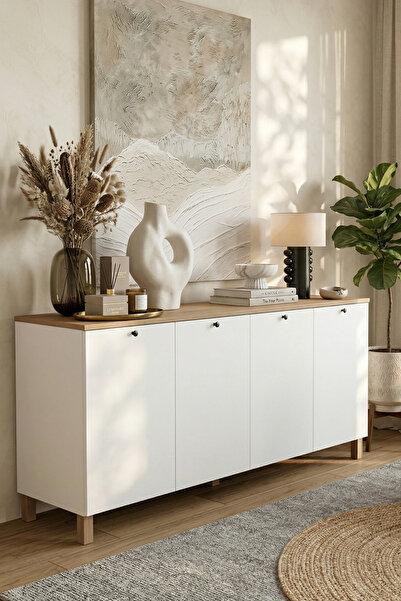 Yurudesign Nord Konsol 4 Kapaklı Ahşap Ayaklı 180cm Sepet-Beyaz ND4-SW