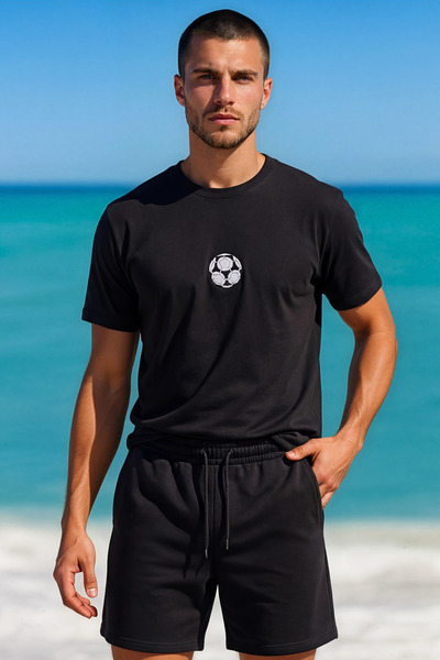 RunGear Up Men's Black Football Ball Embroidered 100% Cotton T-Shirt - Regula...