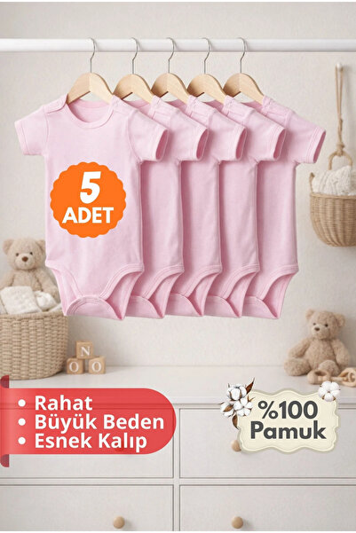 bebegum Büyük Beden 5’li Kısa Kol Body Zıbın Pembe – Pamuklu, Alttan Çıtçıtlı...