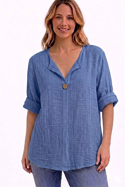 AYASOFYA OTANTIK Γυναικείο ιταλικό Indigo Blue Button Λεπτομερές μανίκι 3/4 O...