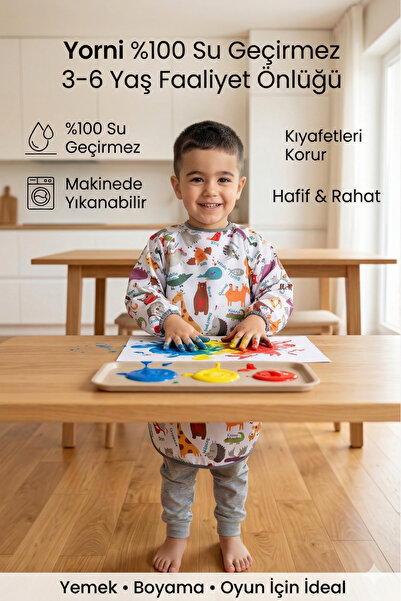 3-6years old, Set of 2 - Zoo and Family Pattern, Long Sleeve Activity Apron with Liquid-Proof Velcro, Apron