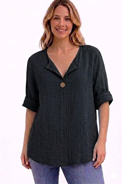 AYASOFYA OTANTIK Γυναικείο ιταλικό μαύρο κουμπί με λεπτομέρεια 3/4 μανίκι Ove...