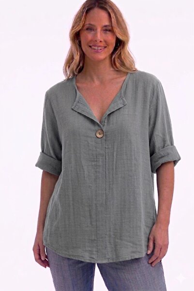 AYASOFYA OTANTIK Γυναικείο ιταλικό γκρι κουμπί με λεπτομέρεια 3/4 μανίκι Over...