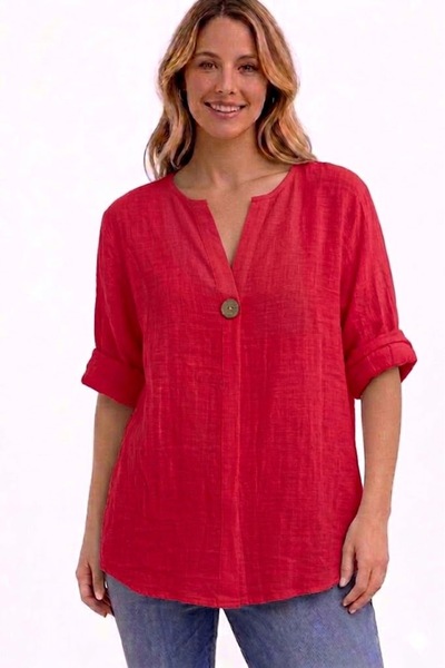 AYASOFYA OTANTIK Γυναικεία Ιταλική Μπλούζα με Κόκκινα Κουμπιά με Λεπτομέρειες...