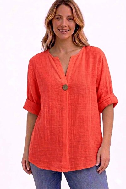 AYASOFYA OTANTIK Γυναικεία ιταλική μπλούζα με κουμπιά σολομού, με λεπτομέρειε...