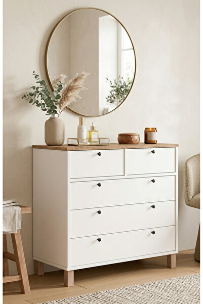 Yurudesign Nord Şifonyer 5 Çekmece Ahşap Ayaklı Sepet-Beyaz ND3-SW