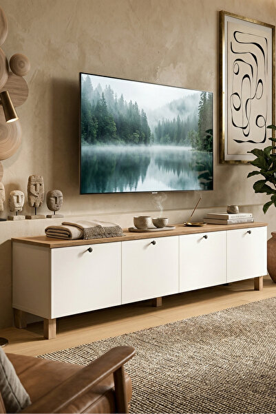 Yurudesign Nord Tv Ünitesi Sehpası 4 Kapaklı Ahşap Ayaklı 180cm Sepet-Beyaz N...
