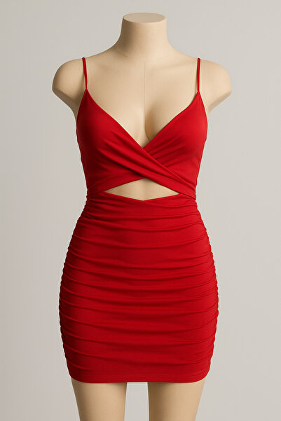 ENMADAM Kırmızı Askılı Büzgülü Mini Elbise Bodycon Kadın Gece & Parti Elbisesi