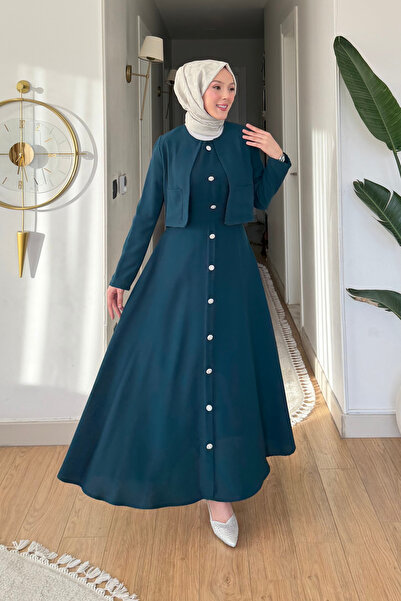 Tesettür Diyarı Γυναικείο φόρεμα από ύφασμα κρεπ με σακάκι - Σκούρο Πετρόλ