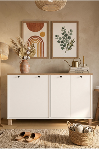 Yurudesign Nord Konsol 4 Kapaklı Ahşap Ayaklı 120cm Sepet-Beyaz ND2-SW