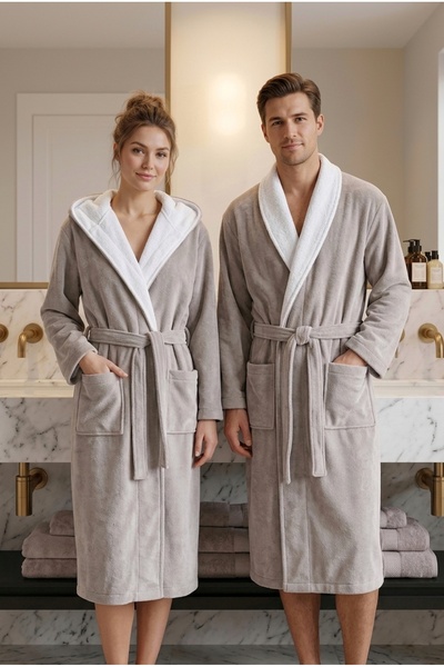 Loselya Ανοιχτό Γκρι & Λευκό Μπαμπού Βαμβακερό Μπουρνούζι Triga Unisex - Διπλ...