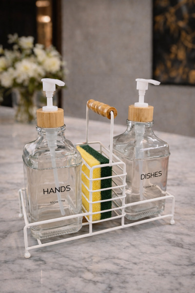 MAKRİ HOME Lüks Bambu Kapaklı Metal Stantlı Cam İkili Sıvı Sabunluk/Deterjanl...