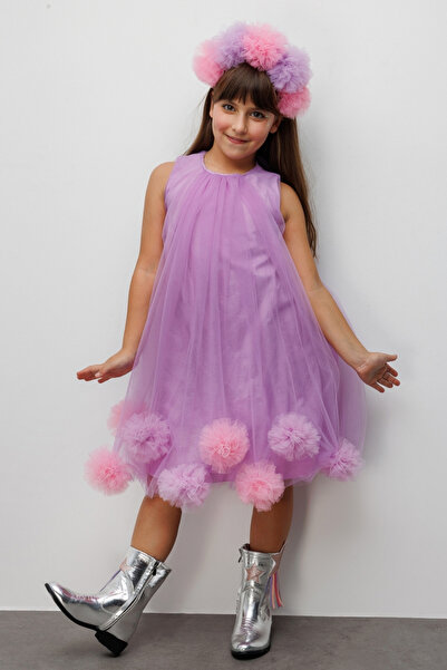 Le Mabelle Λιλά Φούστα Pompom Λεπτομερές Κοριτσίστικο Φόρεμα - Alexa