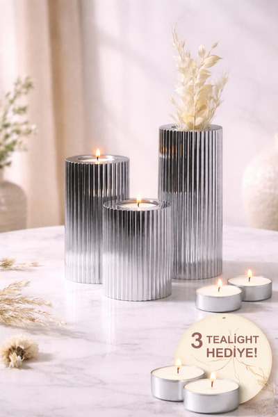 PRİME HOME 3 Lü Silver Gümüş Krom Tırtıklı Yüzey Mumluk Dekoratif  Tealight S...