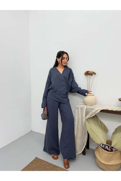 Lavanta Tekstil Σετ παντελονιού κιμονό με λεπτομέρεια δεσίματος μπροστά και ρ...