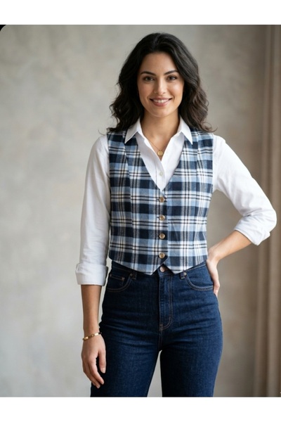 Dagü Design Women's Plaid Patterned Blue Short Vest