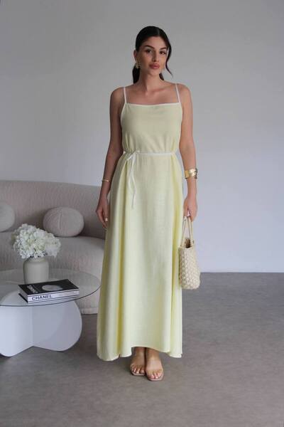 FEMMESTUDIO Γυναικείο κίτρινο λευκό λινό φόρεμα με λεπτομέρεια με λουράκι