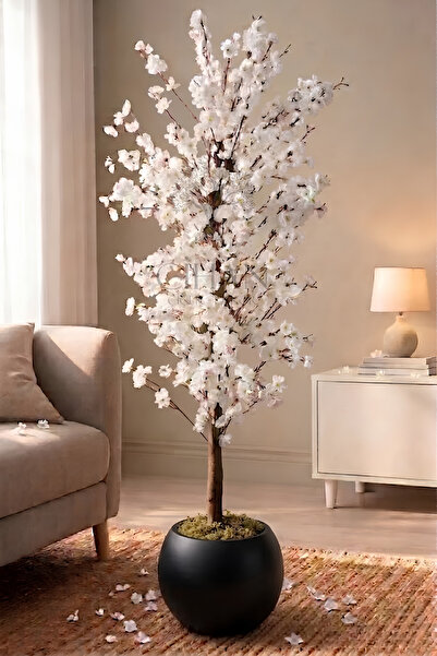 Cihan Çiçekçilik Yapay Beyaz Bahar Dalı Ağacı 160cm- 27x33 cm Küre Saksılı