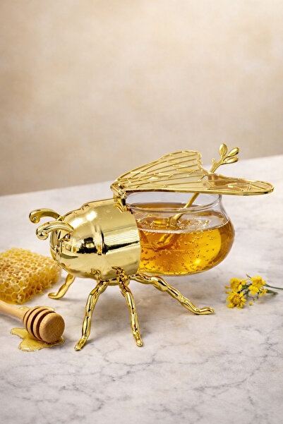 BEYZANA Dekoratif Gold Arı Şekilli Kaşıklı Bal Kavanozu ve Sunumluk | Mika Ka...