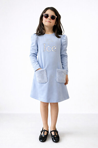 Alin Alp 4-8 Years Old Girl's Light Blue Fur Pocket Detailed Dress-4Y/104Cm