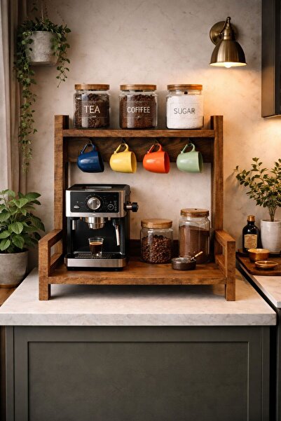 ENYAZA(2024) Ahşap Kahve Bar Standı 2 Raflı 4 Kancalı Kupa Askılı Mutfak Orga...