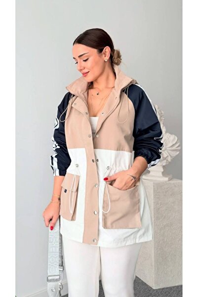 MATTİMODA Kadın Renk Bloklu Kapüşonlu Basen Boy Mont