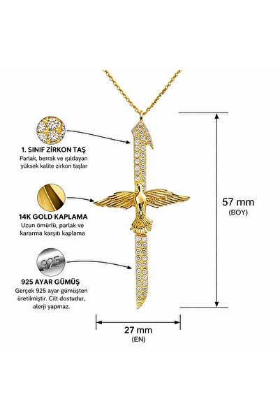 Ricco Jewellery 14 K Gold Kaplama 925 Ayar Gümüş Kolye Anka Kuşu Elif Kolye