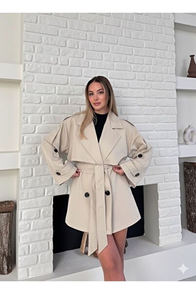 VESS MODA Kadın Kuşak ve Düğme Detaylı Kısa Trençkot Taş
