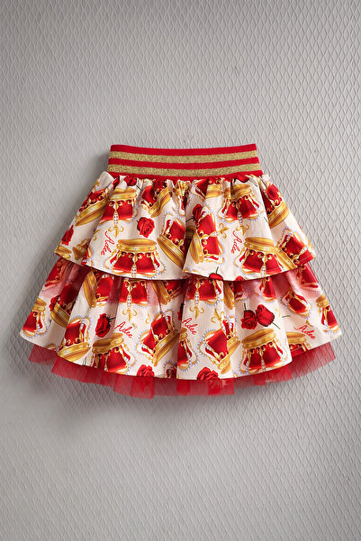 Alin Alp 2-10 Years Old Girls' Patterned Ruffle Skirt with Red and Gold Detai...