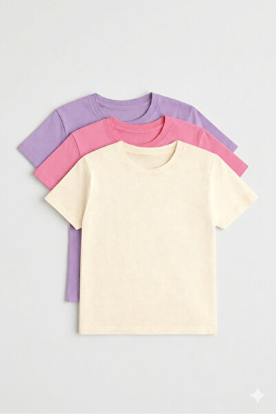 atölye kids % 100 Pamuk Çocuk 3’lü T-shirt Bisiklet Yaka Trend Basic Günlük T...