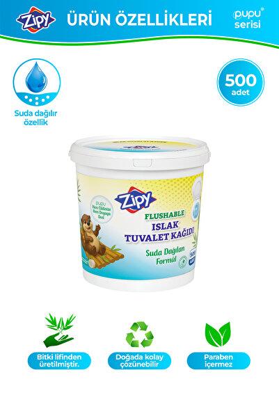 zipy Islak Tuvalet Kağıdı 500 Adet'li %100 Selüloz Ve Tuvalete Atılabilen Sud...