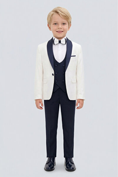 Doctor junior Σμόκιν για αγόρι - με γιλέκο, χρώμα εκρού, λεπτομέρεια σε μπλε ...