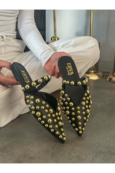 ERVANIN BUTİĞİ Siyah Cilt (Maria) Gold Droplu Kadın Terlik