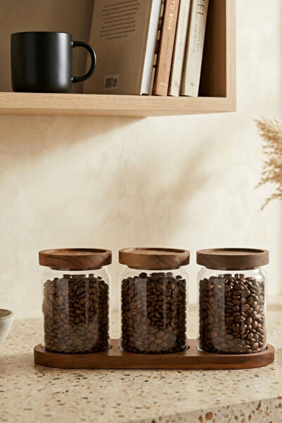 MİEN 3’lü Cam Kavanoz Seti Ahşap Kapaklı Akasya Standlı Baharatlık Seti
