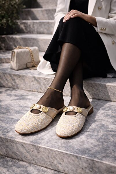 Slipcat İnci ve Gold T Με αγκράφα E Καρό D Με υφή Κομψές γυναικείες παντόφλες...