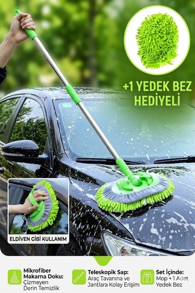 SİHİRLİ MOP Araba Yıkama Fırçası Oto Yıkama Mop Mikrofiber Bezli Teleskopik S...