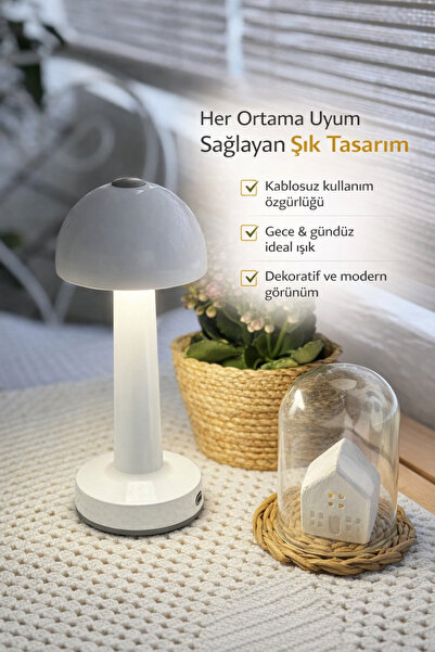 ZENLİGHT Metal Şarjlı Dokunmatik Mantar Masa Lambası beyaz