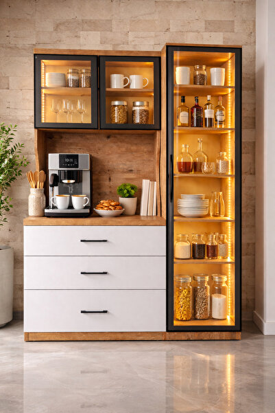 Setay Vitrinli Ünite, Liveo Kahve Köşesi + Çok Amaçlı Raflı Tek Kapaklı Dolap