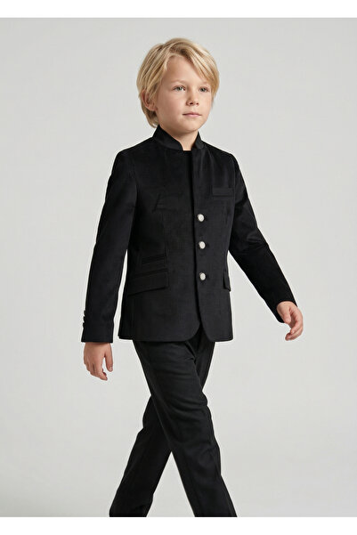 Micio Αγόρι Μαύρο Βελούδινο Μεταλλικό Κουμπί Δικαστής Πέτο Μπουφάν Μαύρο Παντ...