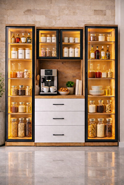 Setay Vitrinli Ünite, Liveo Kahve Köşesi + Çok Amaçlı Raflı İki Kapaklı Dolap