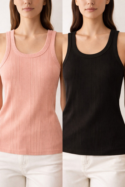 Demirsa Boutique Pamuklu Penye Kaşkorse Kumaş Kalın Askılı Oval Yaka Siyah ve Pudra Renk Kadın 2'li T-shirt Atlet