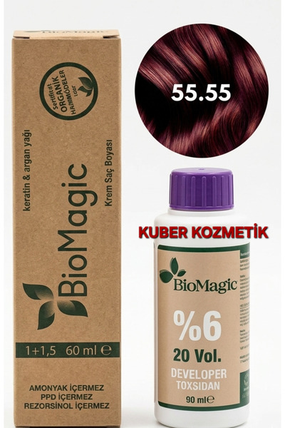 BIOMAGIC 55.55 Şarap Kızılı Organik İçerikli Amonyaksız Kalıcı Saç Boyası +ok...